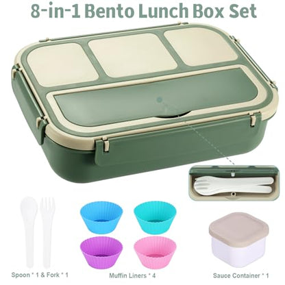 Bento Box Adult Lunch Box, Lunch Containers for Kids Girls Boys with 4 Compartments, Lunchable Food Container with Utensils, Sauce Jar, Muffin Liners, 40 Oz/5 Cup, Microwave & Dishwasher Safe, Green - color: Green