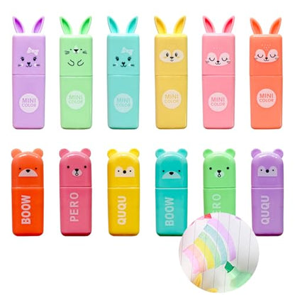 24 PCS Cute Mini Highlighters in 2 Style (Bear & Rabbit), Kawaii Highlighters for Kids & Adults, Small Multi Colored Highlighters Pastel Set