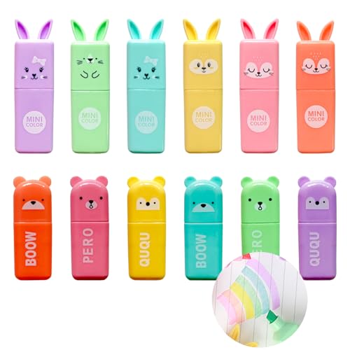 24 PCS Cute Mini Highlighters in 2 Style (Bear & Rabbit), Kawaii Highlighters for Kids & Adults, Small Multi Colored Highlighters Pastel Set