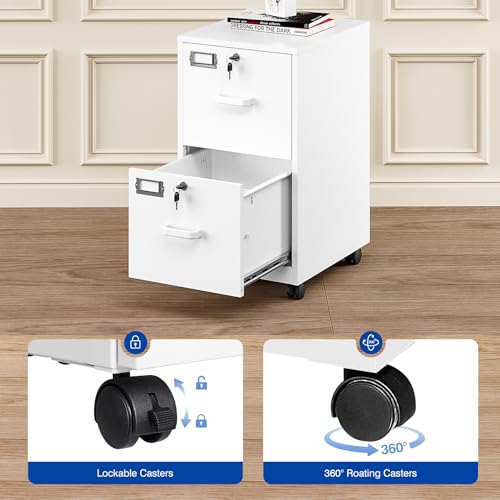 BYNSOE 2 Drawers File Cabinet with Lock Metal Vertical File Cabient with Wheels Mobile File Cabinet for Office Home Legal/Letter/a4 Size Require Assembly (White, 2 Drawers) - color: White, size: 2 Drawers-wheels