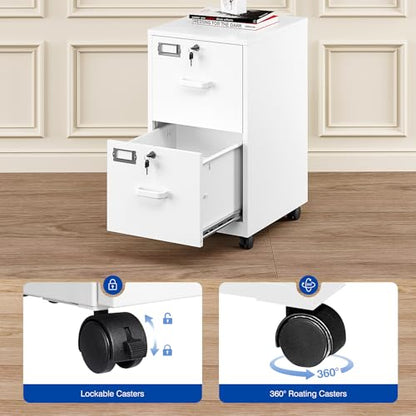 BYNSOE 2 Drawers File Cabinet with Lock Metal Vertical File Cabient with Wheels Mobile File Cabinet for Office Home Legal/Letter/a4 Size Require Assembly (White, 2 Drawers) - color: White, size: 2 Drawers-wheels