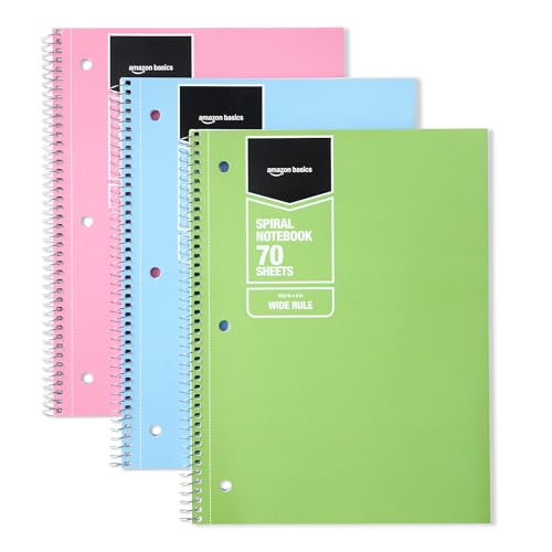 Amazon Basics College Ruled Spiral Notebook, For Work and School, 70 Sheets, 8" x 10.5", 3 pack, Assorted Pastel Solid Colors - color: Assorted Pastel Colors, style: College Ruled 210 Sheets