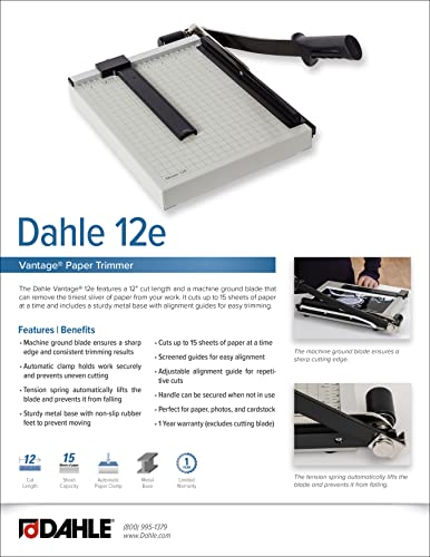 Dahle 12e Vantage Paper Trimmer, 12" Cut Length, 15 Sheet, Automatic Clamp, Adjustable Guide, Metal Base with 1/2" Gridlines, Guillotine Paper Cutter - style: Cut Length: 12"