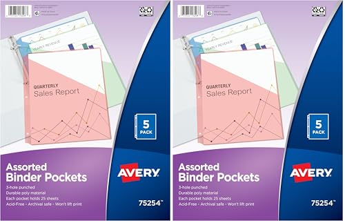 Avery Binder Pockets, Assorted Colors, 8.5" x 11", Acid-Free, Durable, 5 Slash Jackets (75254) (Pack of 2) - size: 5 Count (Pack of 2)