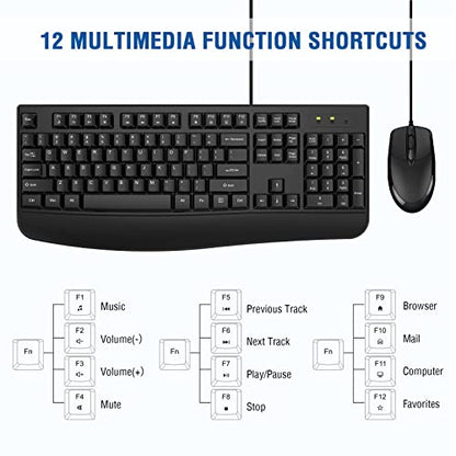 Wired Keyboard and Mouse Combo, EDJO Full-Sized Ergonomic Computer Keyboard with Palm Rest and Optical Wired Mouse for Windows, Mac OS Desktop/Laptop/PC - color: Black