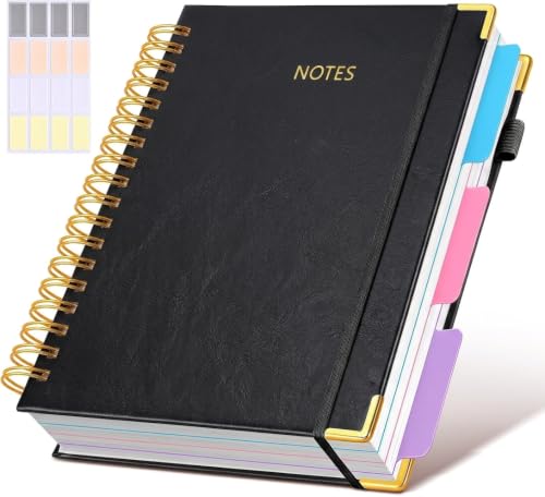 JASLEKO 3 Subject Notebook College Ruled with Dividers Tabs, 100 GSM Leather Hardcover Spiral Notebooks for School Work, 240 Pages Large Cute Notebook Journal for Women Men, College Students,Black - color: Black