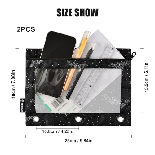 2 Pack Pencil Pouches for 3 Ring Binder Bat Pattern Zipper Pencil Case Bags with Clear Window for Classroom School Office Supplies - color: Halloween Bat