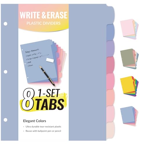 Sooez 8 Tabs Long-Lasting Plastic Write & Erase Large Tabs Dividers for 3 Ring Binder, Aesthetic Cute Pastels Binder Dividers for Student, Teacher, Office, Home Organizers, 1 Set, Muted - color: Muted, size: 1 Set