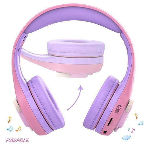 Riwbox CB-7S Kids Wireless Headphones,with Safe Volume Control 74/85/95dB,LED Glow Lights,50H Playtime,Bluetooth V5.3,Built-in Mic, TF Card Slot,for Travel/School/Phone/Laptop(Pink&Purple) - color: Pink&Purple