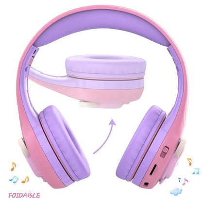 Riwbox CB-7S Kids Wireless Headphones,with Safe Volume Control 74/85/95dB,LED Glow Lights,50H Playtime,Bluetooth V5.3,Built-in Mic, TF Card Slot,for Travel/School/Phone/Laptop(Pink&Purple) - color: Pink&Purple
