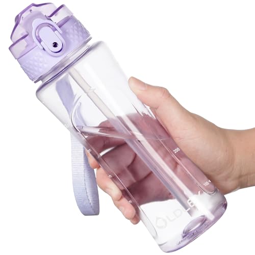 OLDLEY Kids Water Bottle with Straw 15 oz BPA-Free Leak-Proof Motivational Water Bottles with Time Marker for School Sports Travel Gym, Easy to Use for Girls Goys, 1 Straw Lid, Transparent-purple - color: A-Transparent Purple, style: Straw Lid