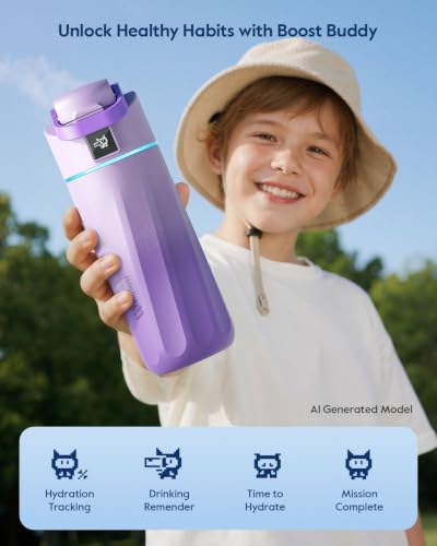 WATERH BOOST Kids Smart Water Bottle with Reminder & Tracker, 16oz | BPA-Free, Vacuum Insulated Stainless Steel, 24H Cold & 12H Hot, DIY Fridge Magnets, Rubber Base, Ideal for Travel & Camping - color: Mauve