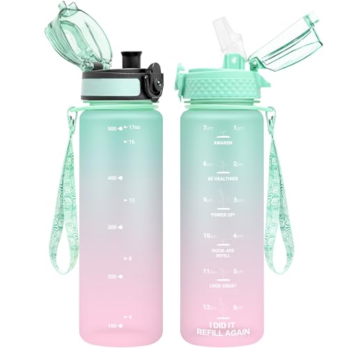 OLDLEY Kids Water Bottle for School, 17 oz (2 lids) BPA-Free Reusable Leak-proof Durable Tritan Plastic Water Bottles with Straw & Chug Lids, Anti-dust Spout Cover (Mintpink) - color: Mintpink, size: 17 Ounces