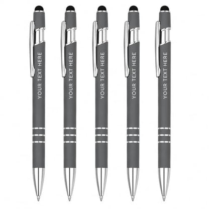Ultima Softex Stylus Pen (5 Pack) – Soft‑Touch Rubberized Metal Pen with Touchscreen Stylus, Chrome Accents & Smooth Writing Cartridge – 5 Custom Engraved Promotional Pens - color: Grey