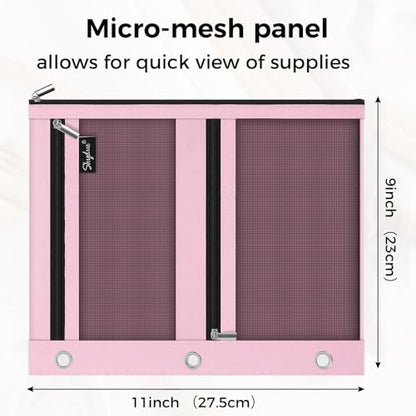 SKYDUE Pencil Pouch for Binder, Pencil Case, 3 Ring Binder Pencil Pouch with 3 Pockets and Mesh Window, Zipper Pencil Pouch, Durable Organizer for School Supplies, Cables, Earbuds, Makeup, Pink - color: Pink