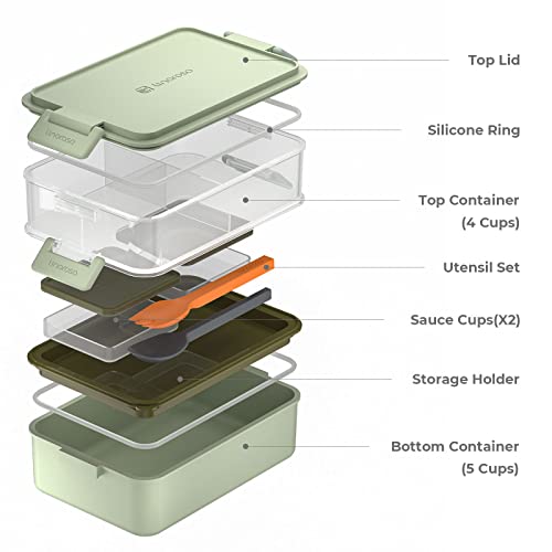 linoroso Stackable 2-Tier Adult Bento Box, 4 Compartments - Pale Mint | leakproof bento lunch box with fork & spoon + sauce cups, microwave/dishwasher safe, perfect for office, school & daily meals - color: Pale Mint