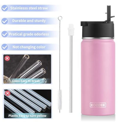 koodee 16 oz Water Bottle Stainless Steel Double Wall Vacuum Insulated Flask Kids Sports Water Bottle with Leakproof Straw Lid (Pink - color: pink-A, size: 16 Ounces