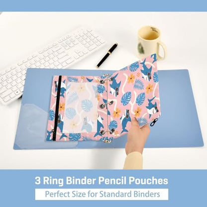 Blueangle Tropical Leaf Shark Pencil Pouch for 3 Ring Binder, 2 Pack Clear Window Zipper Pencil Bags for Office