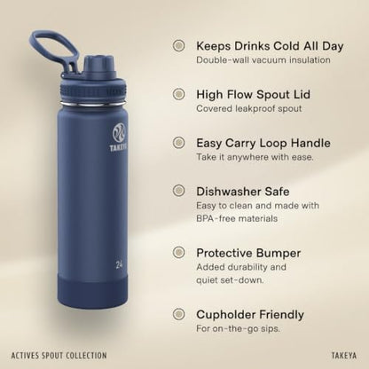 Takeya Actives Stainless Steel Water Bottle, Insulated Spout Lid, Keeps Drinks Cold 24 Hrs, Leakproof, Durable, Dishwasher Safe, Ideal for Gym, Travel, Fits Most Cup Holders, 24 oz/Midnight Blue - color: Midnight, size: 24 Ounces