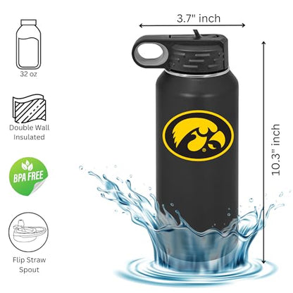 Game Day Outfitters University of Iowa 32oz Stainless Steel Double Walled Black Beverage Bottle with Flip Straw Spout - College Gear for Playoff Season – Show your Hawkeye Pride - style: Iowa / Black