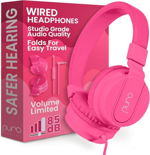 Puro Sound Labs Kids Wired Headphones – Volume-Limiting & Adjustable, Safer & Comfortable Headphones for Kids – Compatible with PCs, Smartphones & Tablets, Ideal for School & Travel – PuroBasic, Pink - color: Pink
