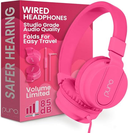 Puro Sound Labs Kids Wired Headphones – Volume-Limiting & Adjustable, Safer & Comfortable Headphones for Kids – Compatible with PCs, Smartphones & Tablets, Ideal for School & Travel – PuroBasic, Pink - color: Pink