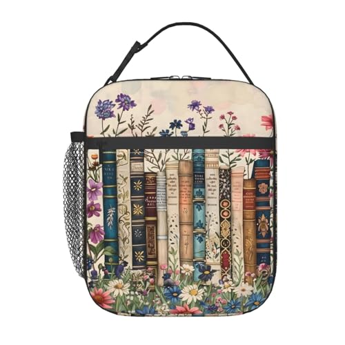 Retro Book Lunch Box for Kids,Flower Insulated Bag for Student,Library Reusable Thermal Insulation Cooler Tote Bags for School Work Picnic Camping Outdoor Gifts (Vintage Books) - color: Vintage Books