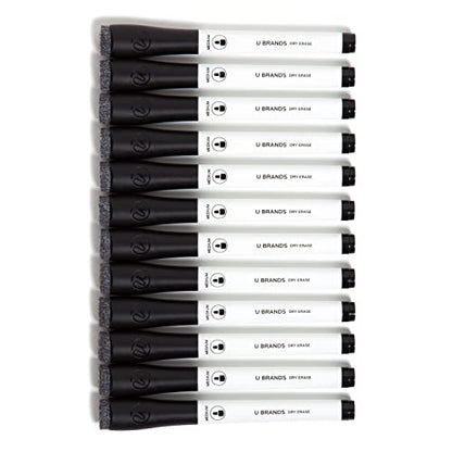 U Brands Fine Tip Dry Erase Markers with Eraser, Whiteboard Markers, Low Odor, Black, Set of 12