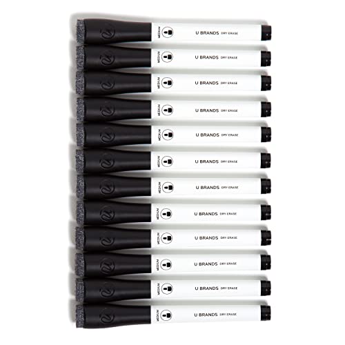 U Brands Fine Tip Dry Erase Markers with Eraser, Whiteboard Markers, Low Odor, Black, Set of 12