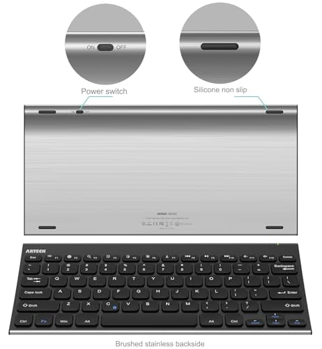Arteck Bluetooth Keyboard, Stainless Steel Universal Portable Wireless Bluetooth Keyboard for iOS iPad 10.2-inch, Air, Pro, Mini, Android, Windows Tablets PC Smartphone Built in Rechargeable Battery