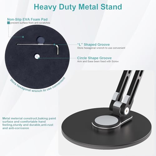 Adjustable iPad Stand,360 °Rotation iPad Heavy-Duty Base Mount ,Aluminum Alloy Foldable Tablet Holder for 4.7-17.3" iPhone /iPad Pro/Tablet/Portable Monitor, Mic Clip Screw Adapters for Microphones