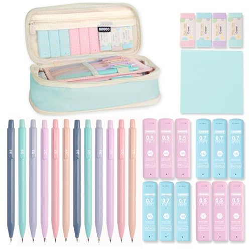 Aesthetic School Supplies with Cute Pencil Case, 12x Pastel Mechanical Pencils 0.5 & 0.7mm with 720x HB Leads, 4x Erasers and 1x Sticky Note, Suitable for Writing, Drafting Drawing Sketching(blue) - color: Blue