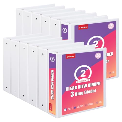 Comix Durable 2 Inch 3 Ring Binder, Round View Binder for Office or School, Fits 375 Sheets of 8.5x11 Paper, PVC-Free & Foldable Spine, Made in North American, 12 Pack (White) - color: White, size: 2 inch, style: 12 Pack