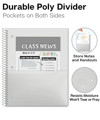 Dunwell 1 Subject Spiral Notebook, Blue Plastic Cover, 100 Sheets (200 Pages) 8x10.5 Paper, Wide Ruled Composition Notebooks with Poly Pocket Dividers, 3-Hole Punch Perforated Pages - color: Blue