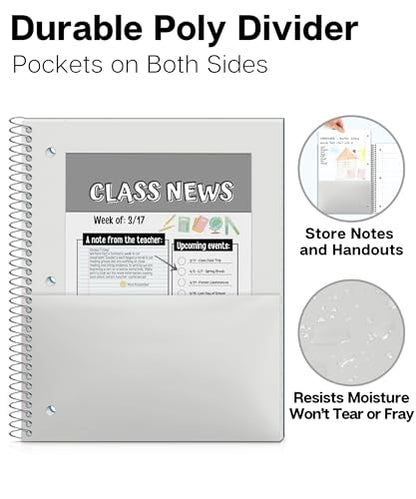 Dunwell 1 Subject Spiral Notebook, Blue Plastic Cover, 100 Sheets (200 Pages) 8x10.5 Paper, Wide Ruled Composition Notebooks with Poly Pocket Dividers, 3-Hole Punch Perforated Pages - color: Blue