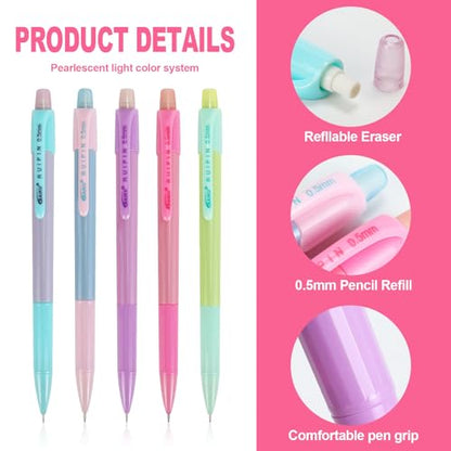 Buqoo Mechanical Pencil Set, 5PCS 0.5mm Cute Pastel Mechanical Pencils, 3 Candy Jelly Gradient Eraser with 80PCS HB 0.5 Lead Refill and Zipper Bag Pencil Kit for Art, Drawing Pencils for Sketching - color: Rainbow