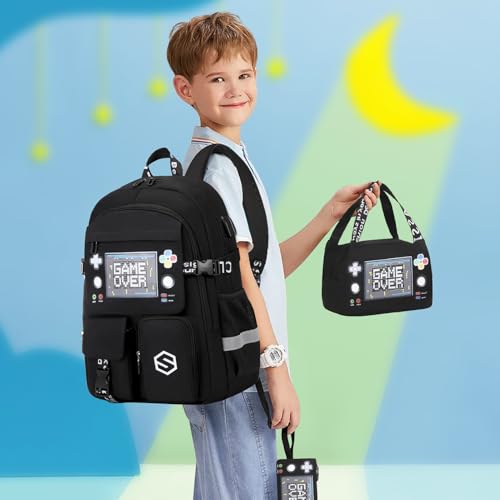 Scothen Boys Backpack, Cool Luminous School Backpacks for Boys with Lunch Bag Pencil Case, Kids Backpack Kindergarten Elementary Middle School Book Bags for Teen Boy Children with USB Charging Port - color: Black
