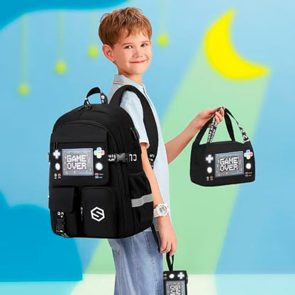 Scothen Boys Backpack, Cool Luminous School Backpacks for Boys with Lunch Bag Pencil Case, Kids Backpack Kindergarten Elementary Middle School Book Bags for Teen Boy Children with USB Charging Port - color: Black