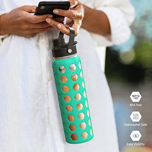 MUKOKO 24oz Glass Water Bottle, Green | Glass Tumbler with Straw, Drinking Bottles with 2 Lids-Handle Spout Lid & Bamboo Straw Lid, Silicone Sleeve, 1 Pack - color: Green, size: 24 Ounces