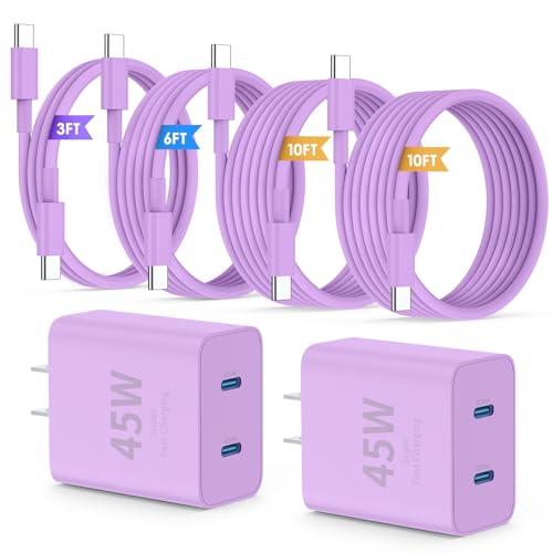 QZIIW iPhone 16 15 Pro Max Charger Fast Charging,45W Dual Port USB C Fast Charger Block [2-Pack] & Extra Long 60W 3/6/10/10FT USB C Cable - PD Quick Adapter 3.0 for iPhone 16 15/16 15Pro/16 15 Plus. - color: Purple, size: 3FT+6FT+10FT+10FT