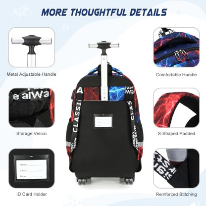 Scothen Rolling Backpack for Boys, Cool Luminous Gamer Roller School Backpacks for Boys with Lunch Bag and Pencil Pouch, Kids Backpack Bookbag with Wheels for Kindergarten Elementary Middle School - color: Cool Red Blue