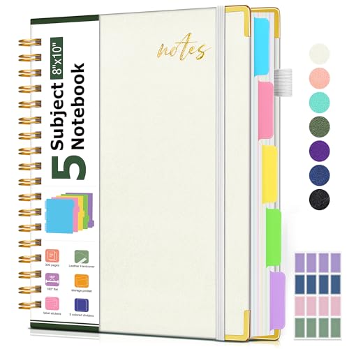 Hardcover Spiral Notebook 8.5"x11" Journal with Removable Dividers Tabs, 300 Pages Organizer Notebooks for Work School, Leather 5 Subject Notebook College Ruled, Large Lined Journal for Women，White - color: Leather-White, size: A4