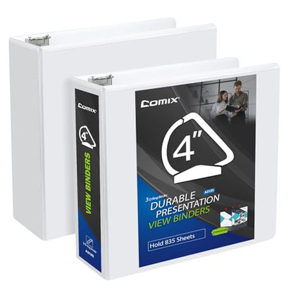 Comix Durable 3 Ring Binder, 4 inch D Ring Binders, Hold 835 Sheets of US Letter Size Paper, 2 Pack (White) - color: White, size: 4 Inch, style: 2 Pack