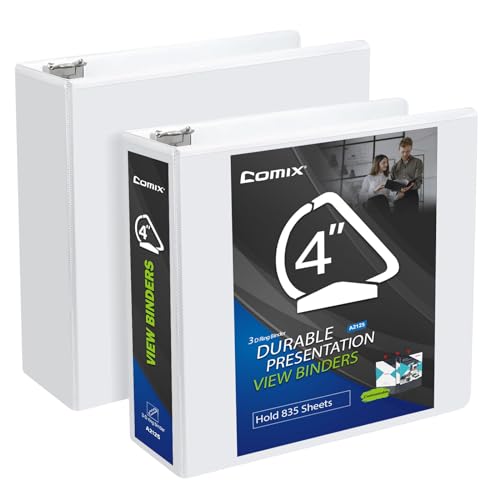 Comix Durable 3 Ring Binder, 4 inch D Ring Binders, Hold 835 Sheets of US Letter Size Paper, 2 Pack (White) - color: White, size: 4 Inch, style: 2 Pack