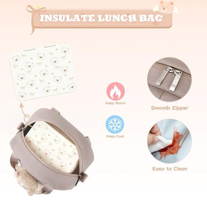 ACESAK Backpack for Girls with Bento Box - 4 PCS Cute Girls Backpack with Lunch Box, Pencil Case & Bento Box Set - 43oz Leakproof Lunch Box Kids Snack Containers Set Back to School Supplies (Khaki) - color: Khaki