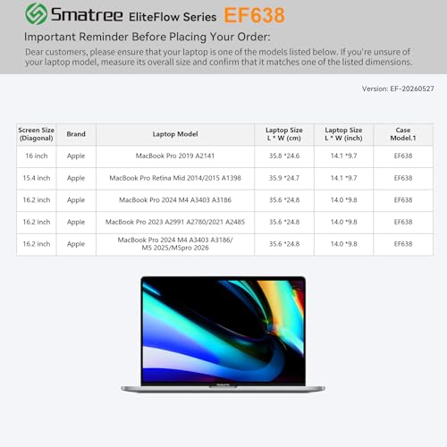 Smatree EliteFlow Laptop Sleeve Case for 15.4 inch Apple MacBook Pro Retina Mid 2014/2015 A1398,16 inch Apple MacBook Pro 2019 A2141/ 2021 A2485/2023 A2991/2024 M4 /M5 2025/M5pro 2026(EF638) - size: 1.10| for APPLE 15.4"-16" MacBook Pro(EF638)