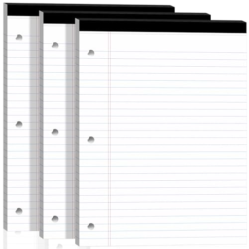 3pcs Legal Pads with Holes, loose Notepads 8.5x11 Wide Ruled Perforated | White Loose Leaf Paper, 30 Sheets/Pad, Notepad 8.5x11, Thick Lined Paper,3 Hole Punch, Notebook 3 Ring Binders, Sturdy Back