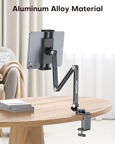 OMOTON GH03 Tablet Holder with 2 ABS Clamps, Aluminum Long Arm Mount, Black | C-Clamp Base with 360°Rotation Fits Desk, Bed, Side Cabinet, Kitchen, Adjustable Tablet Stand for 4-13" iPad Pro/iPhone - color: Black