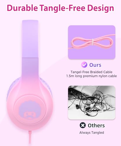 rockpapa Kids Headphones, Wired Headphones for Kids with Microphone, 85/94dB Volume Limiter Head Phones for Girls Boys, Foldable Headphone for School Tablet Laptop Purple Pink - color: Purple Pink