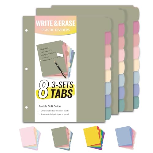 Sooez 8 Tabs Long-Lasting Plastic Write & Erase Large Tabs Dividers for 3 Ring Binder, Aesthetic Cute Pastels Binder Dividers for Student, Teacher, Office, Home Organizers, 3 Sets, Dusty Color - color: Dusty Color, size: 3 Sets